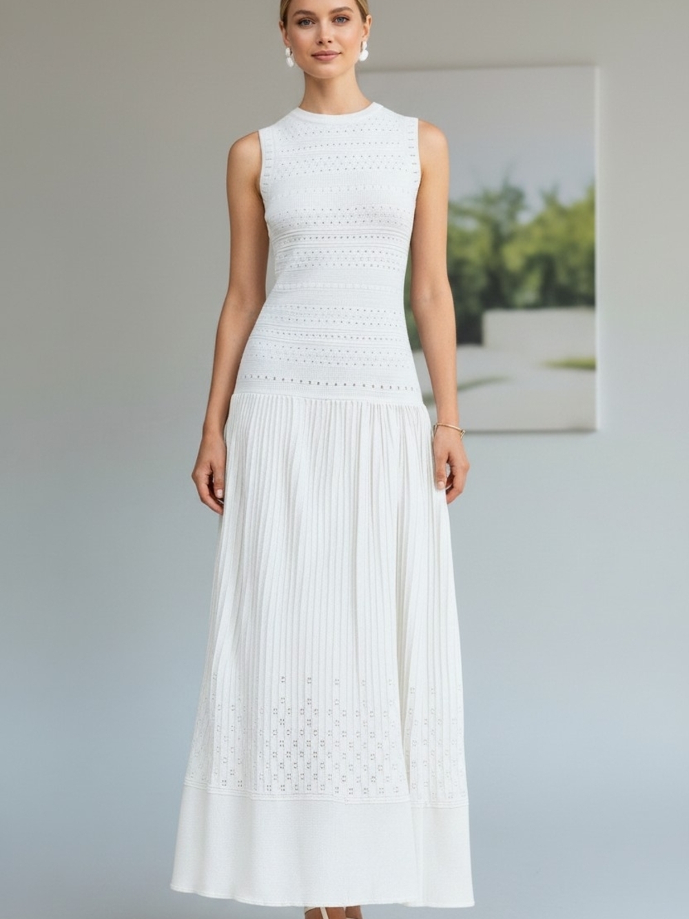Commense White Sleeveless Knit Eyelet Maxi Dress